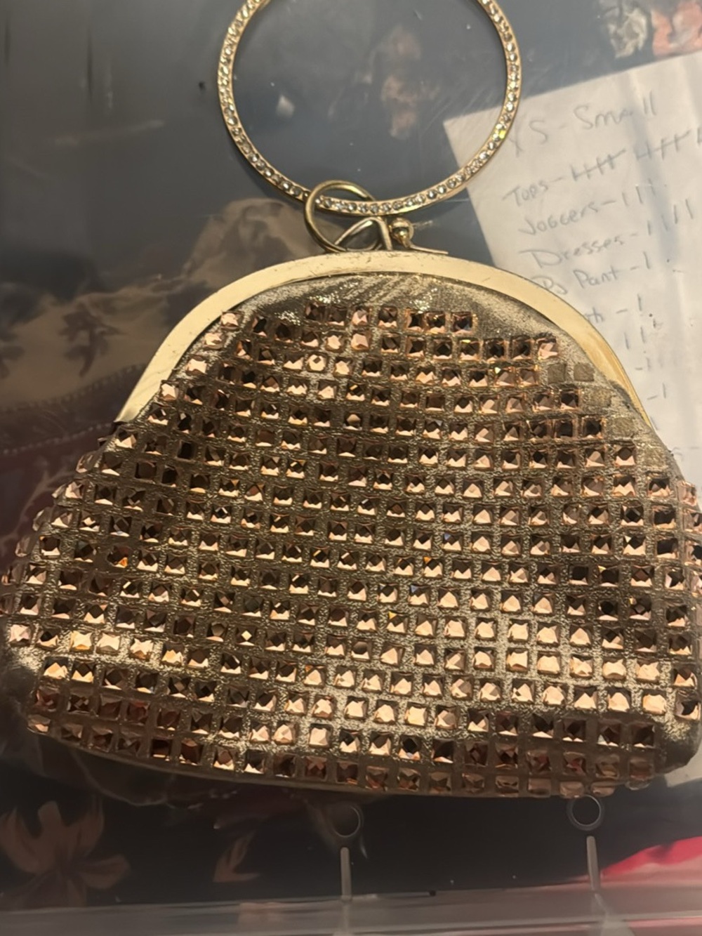 Metallic Gold Mesh Wristlet Clutch with Crystal Keyring